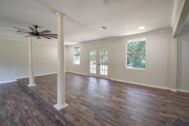 interior space featuring a wealth of natural light, french doors, ceiling fan, and dark wood-type flooring