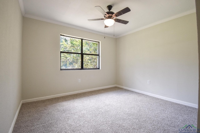 carpeted spare room featuring ceiling fan and ornamental molding