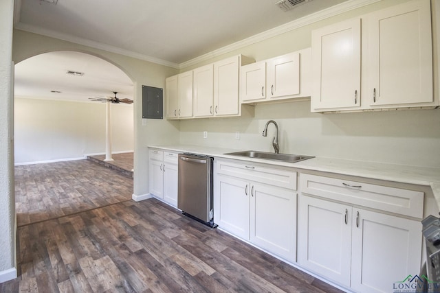 kitchen featuring white cabinets, dishwasher, ceiling fan, and sink