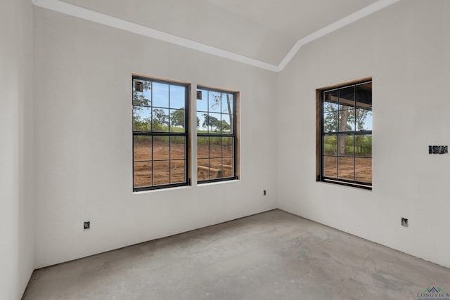 empty room with concrete floors and lofted ceiling