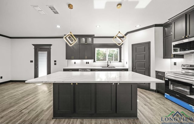 kitchen featuring wood-type flooring, appliances with stainless steel finishes, a large island, and sink