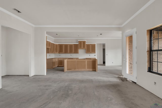 unfurnished living room with ornamental molding