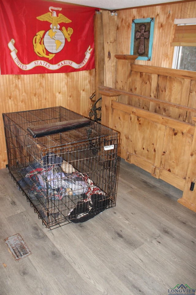 interior details featuring wooden walls and wood finished floors