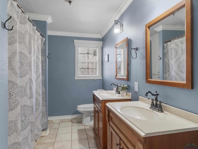 bathroom featuring tile patterned flooring, vanity, toilet, and ornamental molding