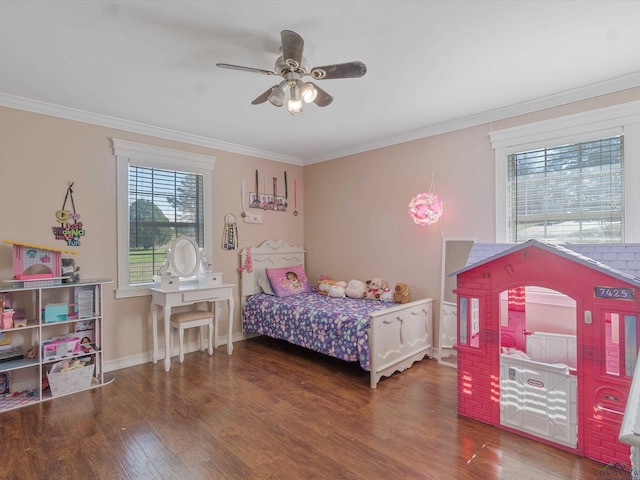 bedroom featuring multiple windows, ceiling fan, dark hardwood / wood-style flooring, and ornamental molding