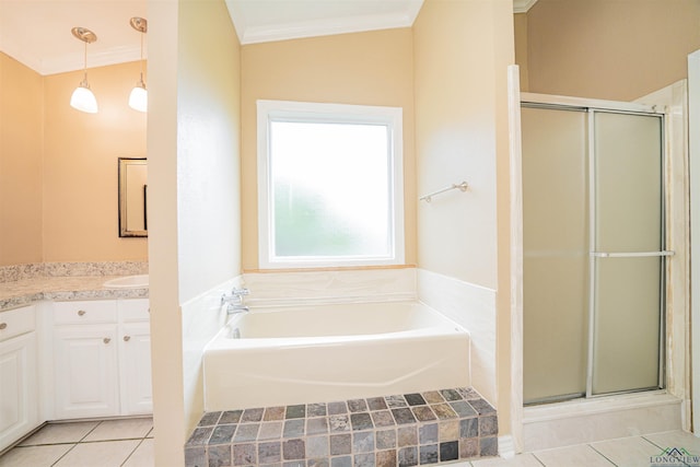 1822 Northwood Ct, Longview, TX 75604 - full bathroom featuring vanity, a shower stall, tile patterned flooring, a garden tub, and ornamental molding
