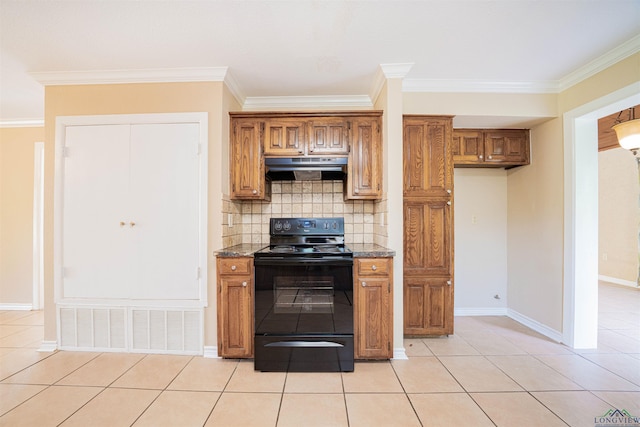1822 Northwood Ct, Longview, TX 75604 - kitchen with black / electric stove, range hood, tasteful backsplash, brown cabinetry, and crown molding