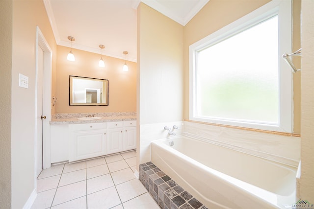 1822 Northwood Ct, Longview, TX 75604 - bathroom with crown molding, vanity, a garden tub, and tile patterned floors