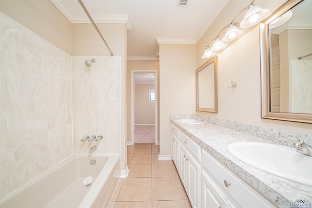 1822 Northwood Ct, Longview, TX 75604 - bathroom featuring tile patterned floors, bathing tub / shower combination, double vanity, and crown molding