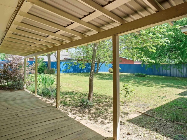 wooden deck featuring a fenced backyard and a yard