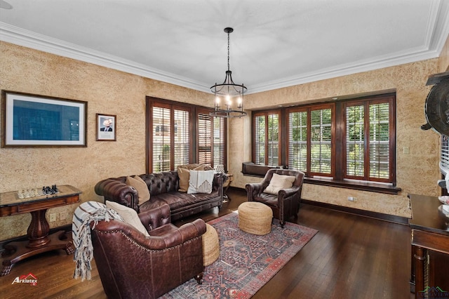 living room featuring dark hardwood / wood-style flooring, ornamental molding, and a chandelier