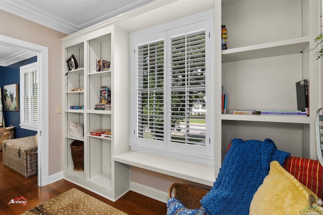 mudroom featuring dark hardwood / wood-style flooring and ornamental molding