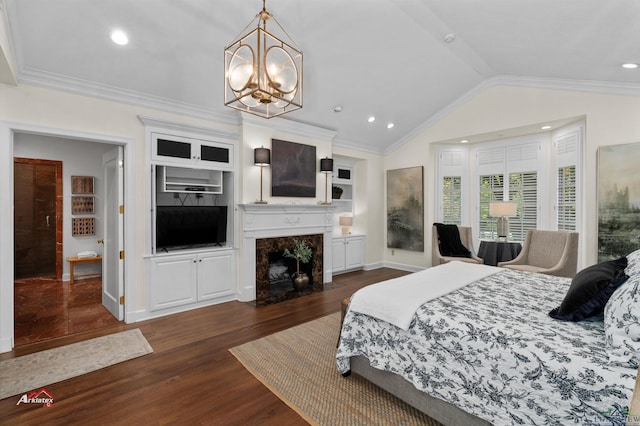 bedroom with a premium fireplace, dark wood-type flooring, vaulted ceiling, and ornamental molding