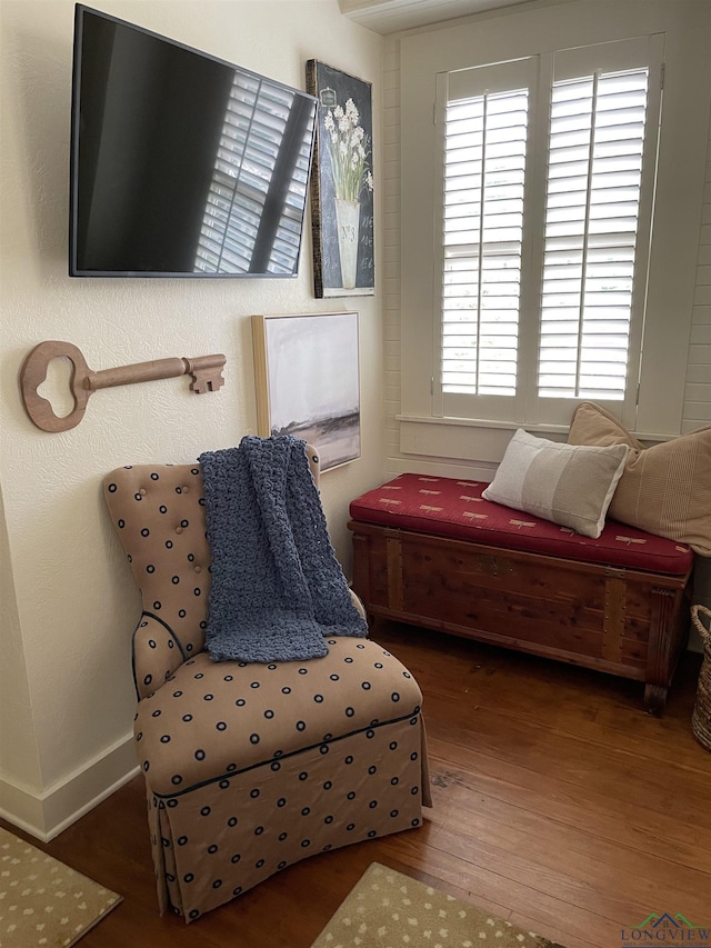 sitting room with dark wood-type flooring