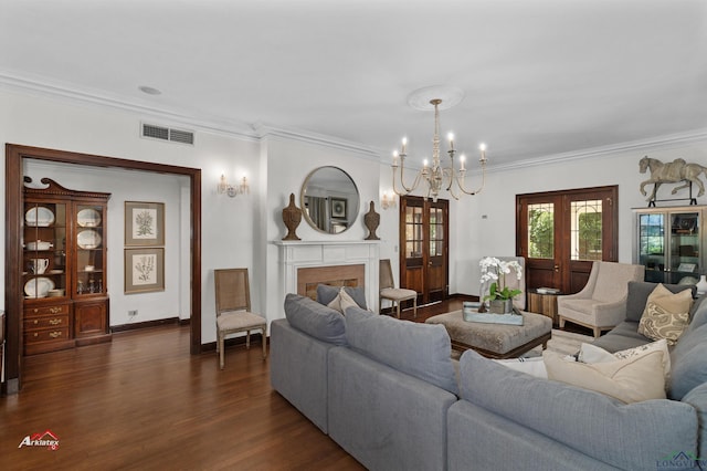 living room featuring crown molding, french doors, dark hardwood / wood-style floors, and a notable chandelier