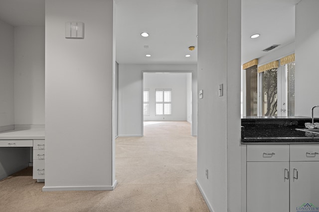 interior space featuring sink and light carpet