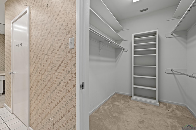 walk in closet with light carpet