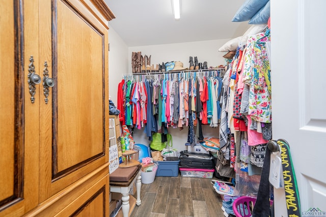 walk in closet with wood finished floors