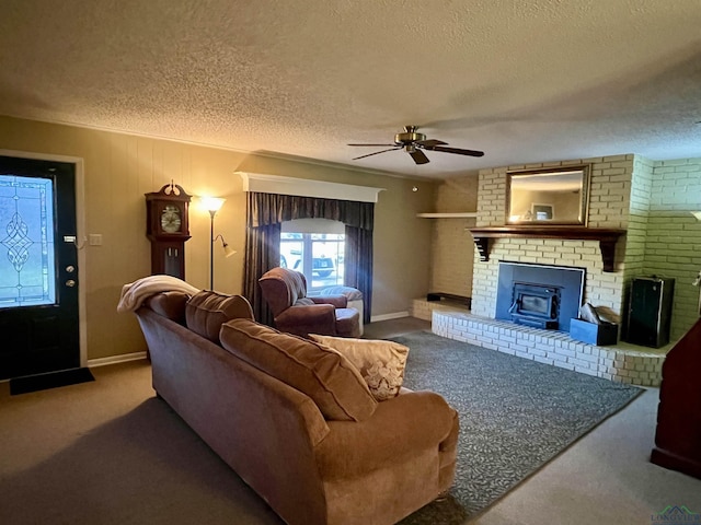 1400 Shreveport St, Elysian Fields, TX 75642 - living area featuring a textured ceiling, carpet, a ceiling fan, and a brick fireplace