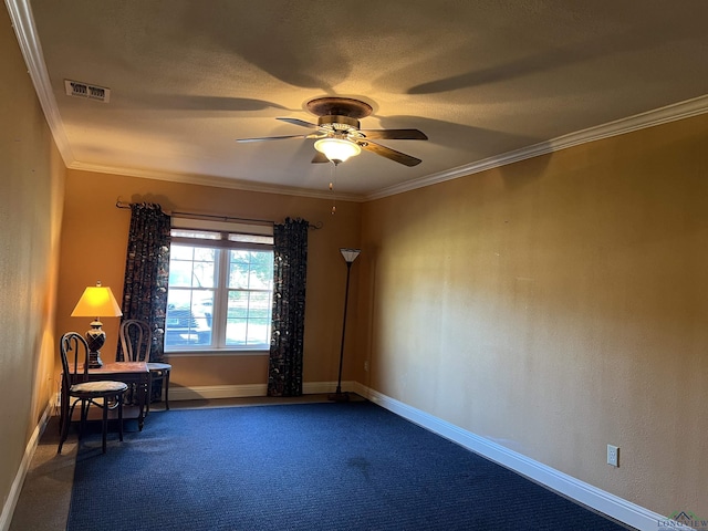 interior space with carpet, ceiling fan, and ornamental molding