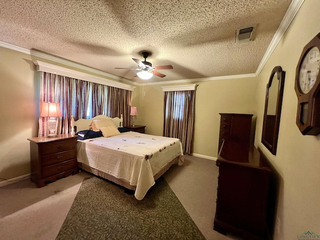 bedroom with ceiling fan, carpet floors, a textured ceiling, and ornamental molding