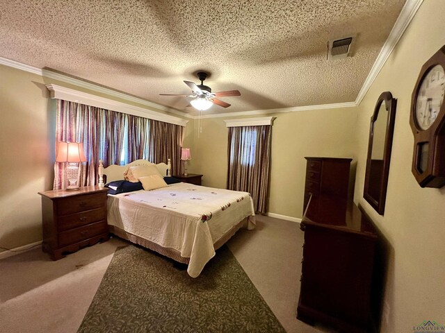 1400 Shreveport St, Elysian Fields, TX 75642 - bedroom featuring light colored carpet, ceiling fan, ornamental molding, and a textured ceiling