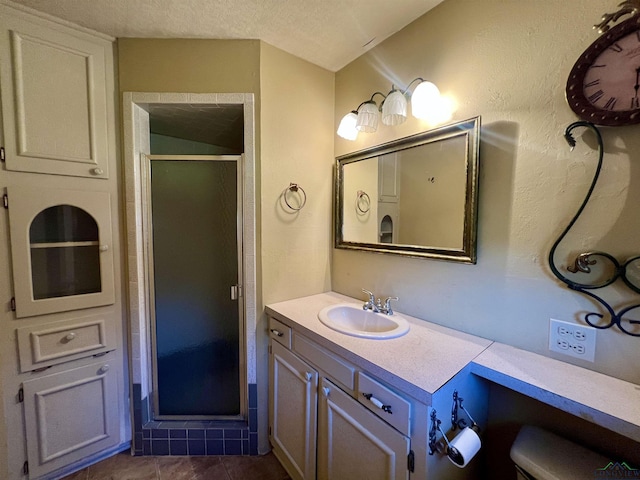 1400 Shreveport St, Elysian Fields, TX 75642 - bathroom with a stall shower, vanity, and a textured ceiling