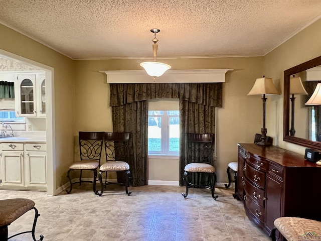 living area with a textured ceiling and sink