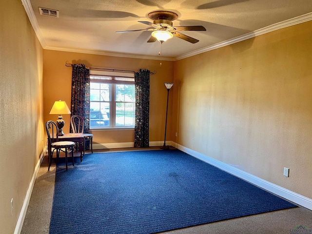 1400 Shreveport St, Elysian Fields, TX 75642 - living area with carpet, a ceiling fan, and crown molding