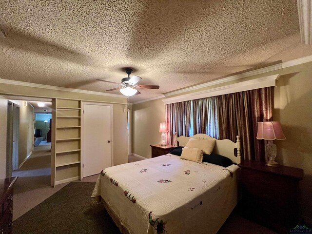 1400 Shreveport St, Elysian Fields, TX 75642 - carpeted bedroom with ornamental molding, a textured ceiling, and ceiling fan