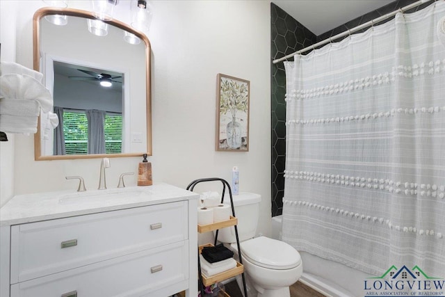 299 Southshore Dr, Lone Star, TX 75668 - bathroom with vanity, toilet, a ceiling fan, and shower / bath combo with shower curtain