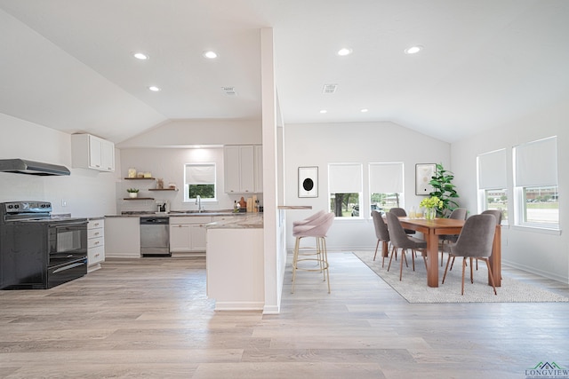 kitchen featuring white cabinetry, dishwasher, black electric range, ventilation hood, and light hardwood / wood-style floors