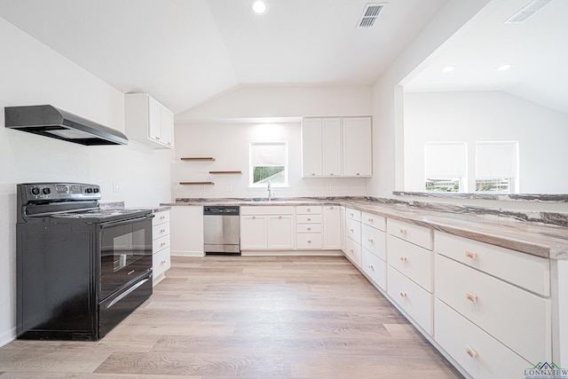 kitchen with white cabinets, dishwasher, black electric range oven, and exhaust hood