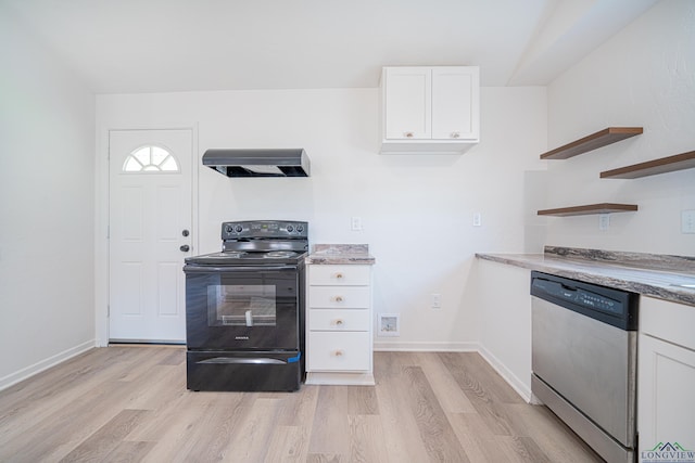 kitchen featuring stainless steel dishwasher, exhaust hood, light hardwood / wood-style flooring, black electric range, and white cabinetry