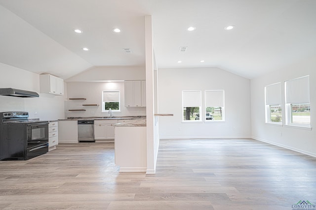 kitchen with light hardwood / wood-style flooring, electric range, stainless steel dishwasher, range hood, and white cabinetry