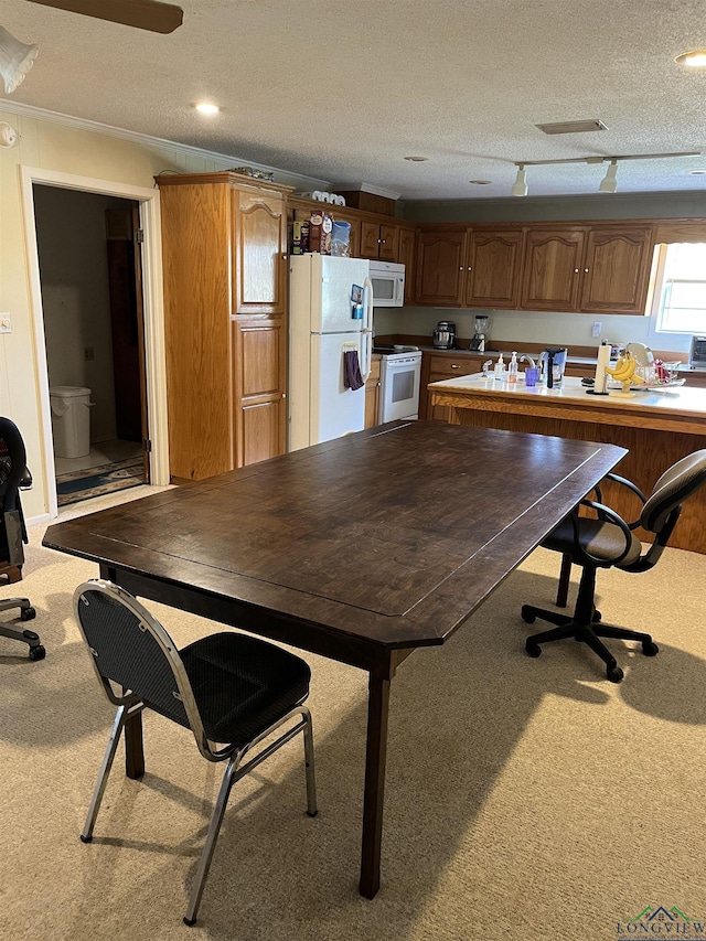 carpeted dining room with a textured ceiling