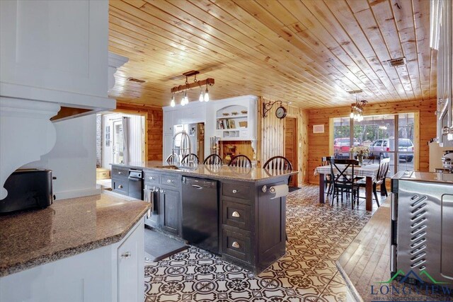 office area featuring wooden ceiling, light hardwood / wood-style floors, and french doors