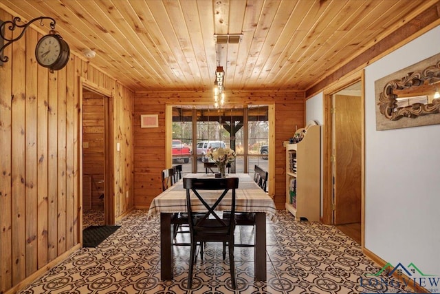 dining space featuring wood ceiling and wood walls