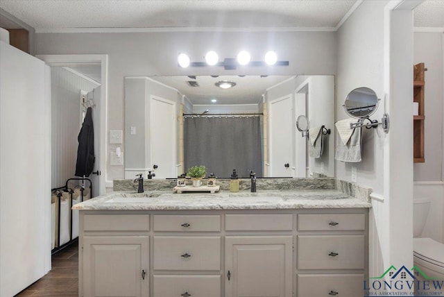 bathroom featuring vanity, ornamental molding, a textured ceiling, and toilet