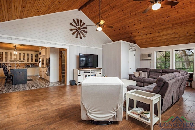 living room with wood ceiling, a wall unit AC, dark hardwood / wood-style floors, and ceiling fan