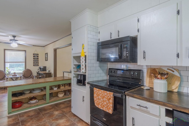 kitchen featuring backsplash, white cabinetry, ceiling fan, and black appliances