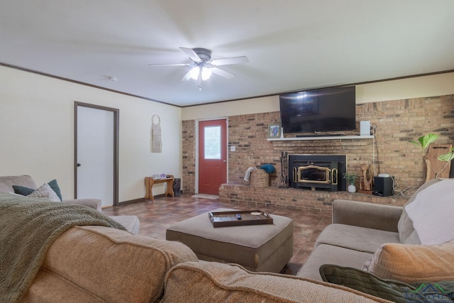 living room with a wood stove, ceiling fan, brick wall, and ornamental molding