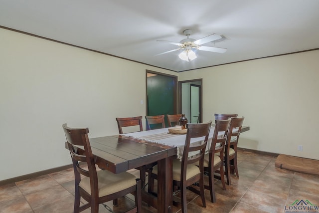 dining area featuring ceiling fan and ornamental molding