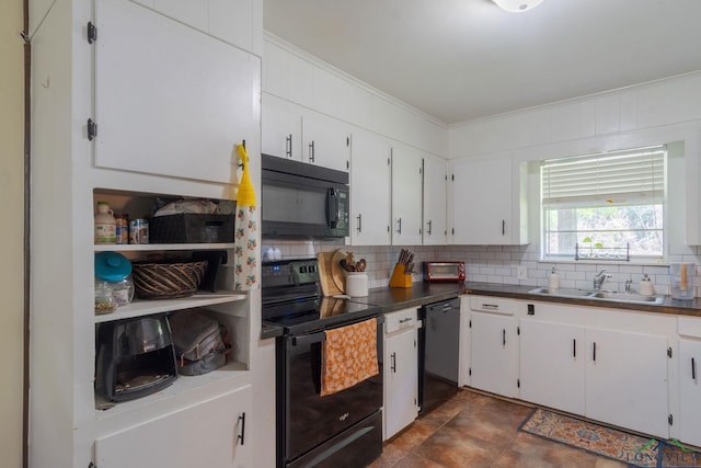 kitchen featuring backsplash, black appliances, sink, ornamental molding, and white cabinetry