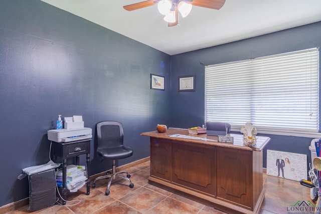 tiled office with ceiling fan