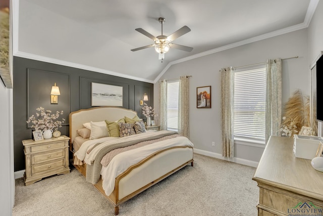 17182 Ironwood Dr, Flint, TX 75762 - bedroom featuring crown molding, lofted ceiling, light colored carpet, and a ceiling fan