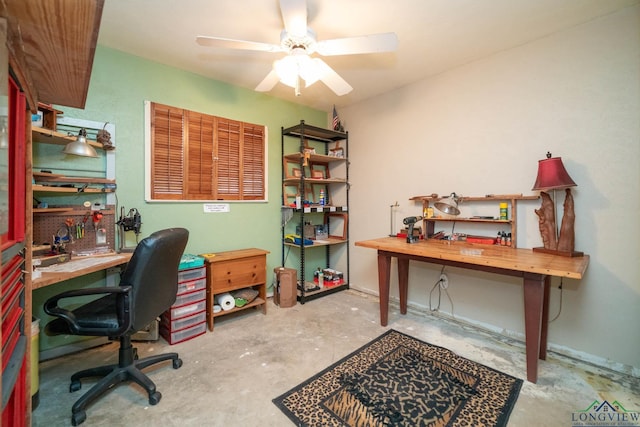 office featuring concrete flooring and ceiling fan