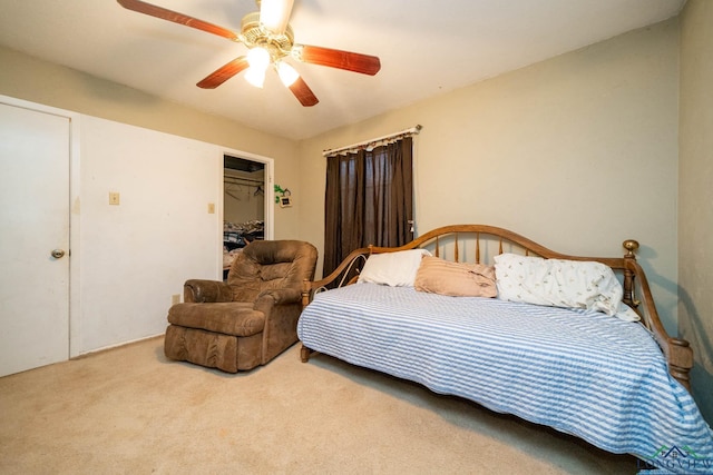 bedroom with carpet floors, ceiling fan, and a spacious closet