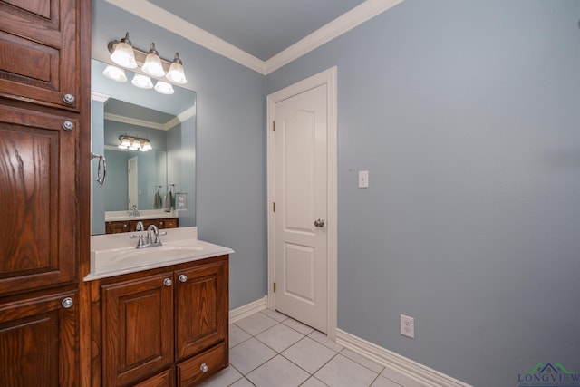 bathroom featuring vanity, tile patterned floors, and ornamental molding