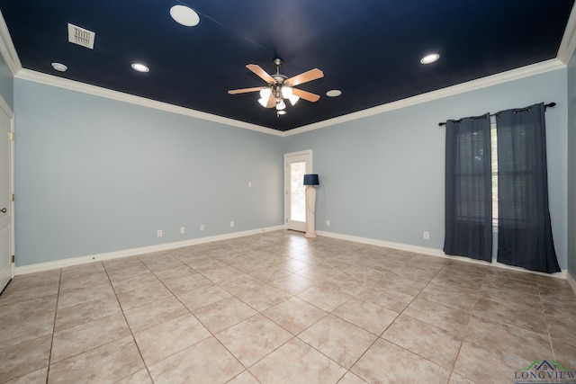 tiled empty room with ceiling fan and crown molding